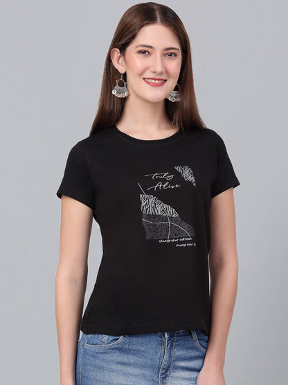 Women's Black Printed Short Sleeve T-shirt