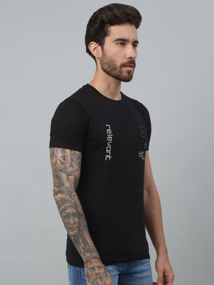 Men's Black  Round neck Half Sleeve T-Shirt with applique & print