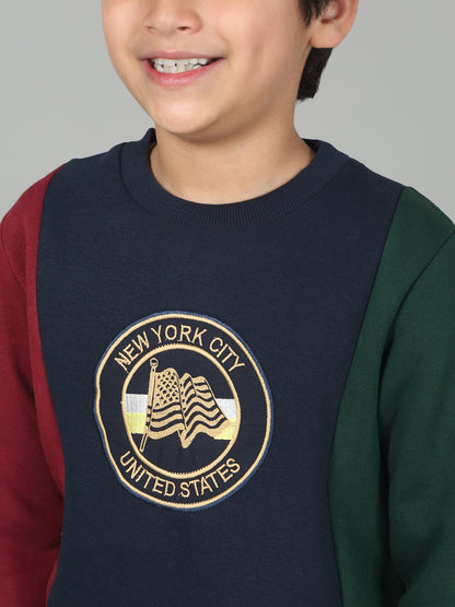 Boys Navy Blue Color Block Round Neck Full Sleeves Casual Sweatshirt