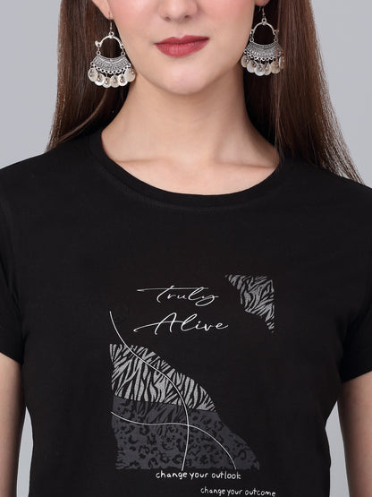 Women's Black Printed Short Sleeve T-shirt