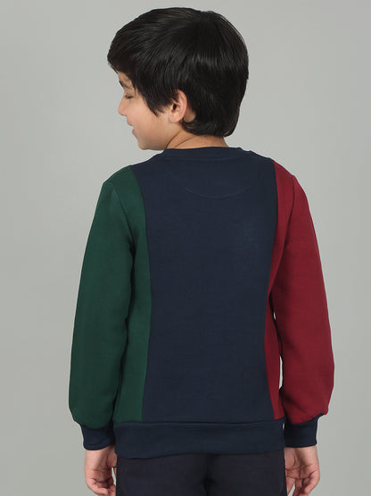 Boys Navy Blue Color Block Round Neck Full Sleeves Casual Sweatshirt