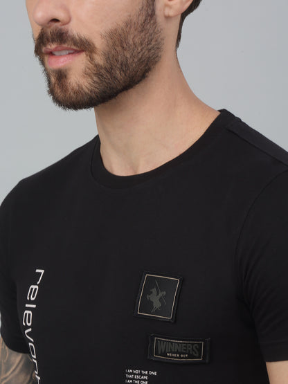 Men's Black  Round neck Half Sleeve T-Shirt with applique & print