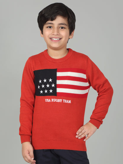 Boys Red Self Design Full Sleeves Casual Sweater