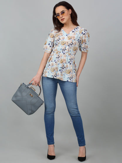 Women's Casual  Multi Colr Floral Print V neck Top