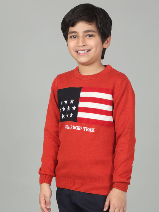 Boys Red Self Design Full Sleeves Casual Sweater