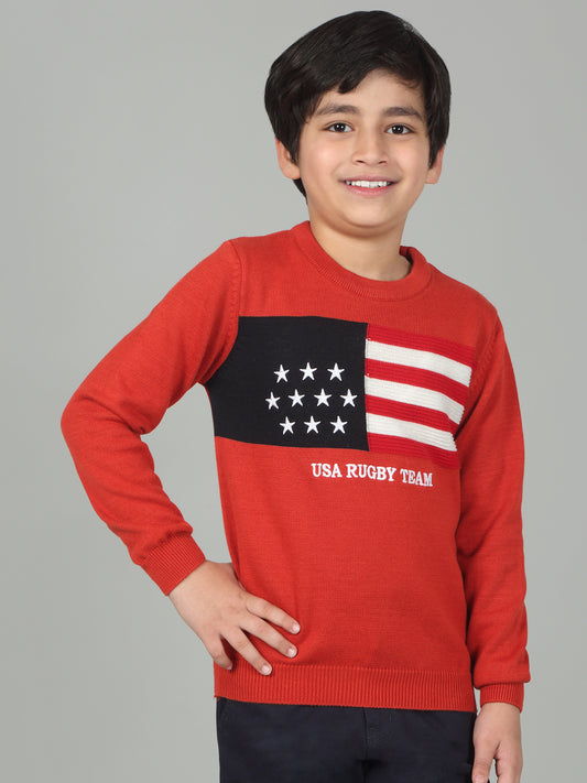 Boys Red Self Design Full Sleeves Casual Sweater