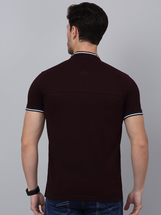 T-Shirt for Men | Breathable & Soft with Color Fastness Regular Fit Mandarin Collar Poly Cotton Fabric Solid Pattern