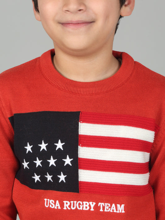 Boys Red Self Design Full Sleeves Casual Sweater