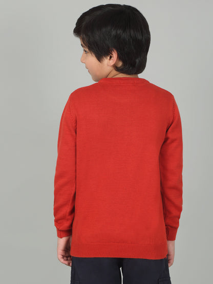 Boys Red Self Design Full Sleeves Casual Sweater