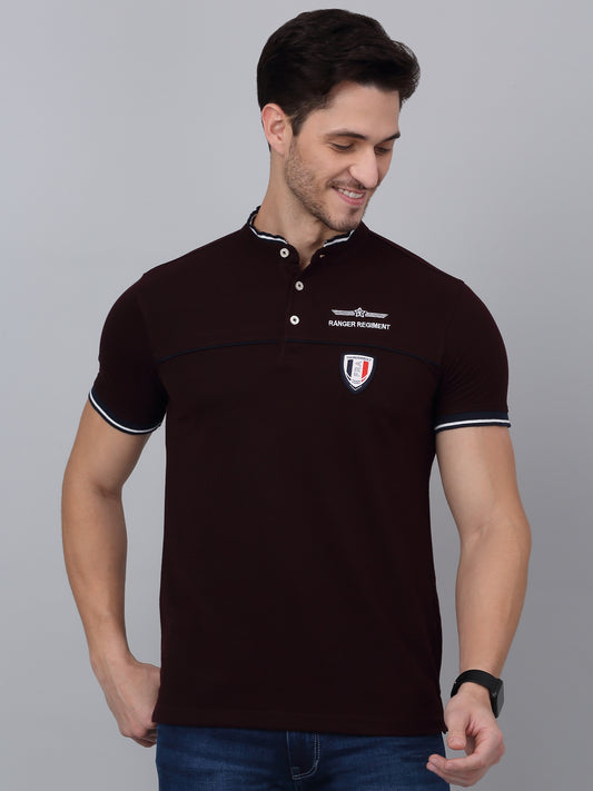 T-Shirt for Men | Breathable & Soft with Color Fastness Regular Fit Mandarin Collar Poly Cotton Fabric Solid Pattern