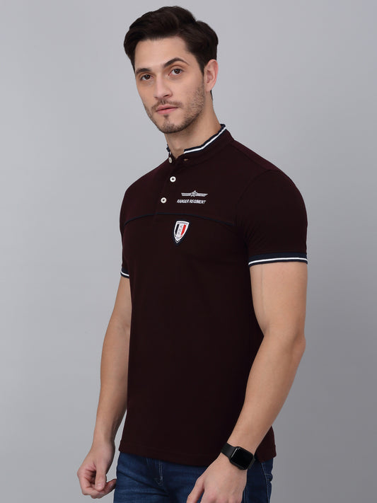 T-Shirt for Men | Breathable & Soft with Color Fastness Regular Fit Mandarin Collar Poly Cotton Fabric Solid Pattern