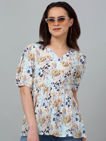 Women's Casual  Multi Colr Floral Print V neck Top