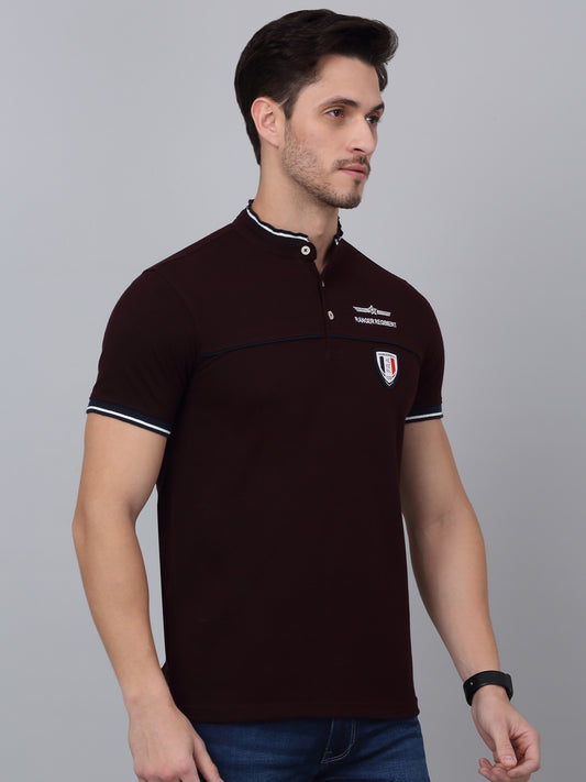 T-Shirt for Men | Breathable & Soft with Color Fastness Regular Fit Mandarin Collar Poly Cotton Fabric Solid Pattern