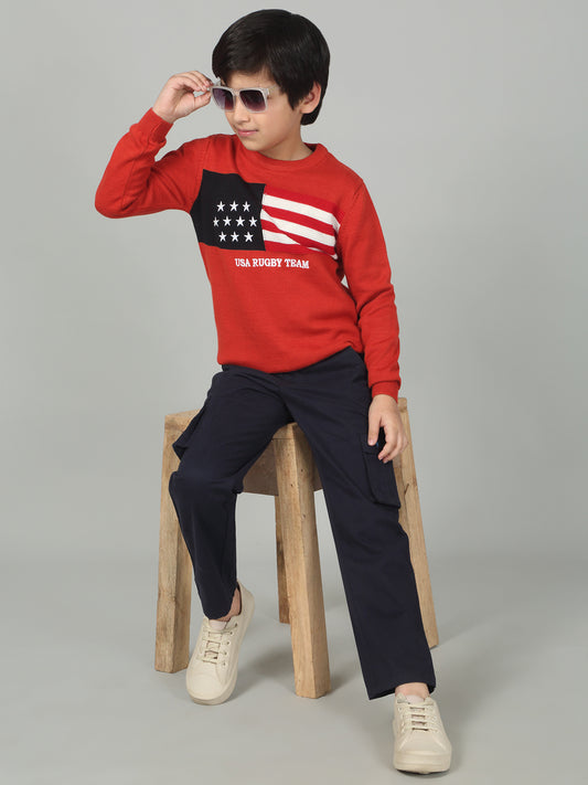 Boys Red Self Design Full Sleeves Casual Sweater