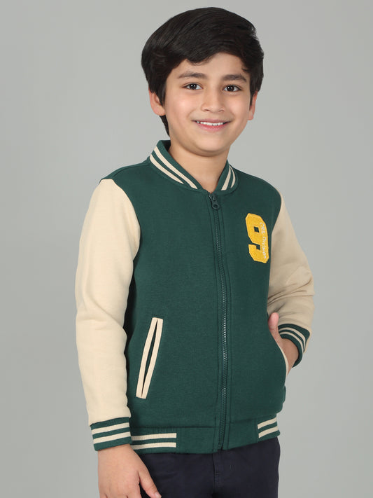 Boys Green Printed Mock Neck Full Sleeves Casual Sweatshirt