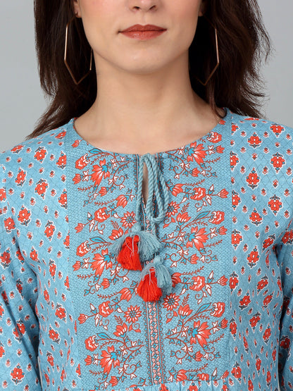 Women's Casual  Multi Color Floral Print Round neck with tie up Tunic