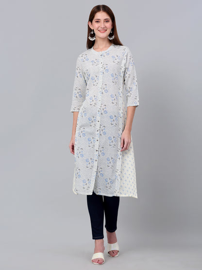 Women's White Floral Printed Three Quarter Sleeves Kurti