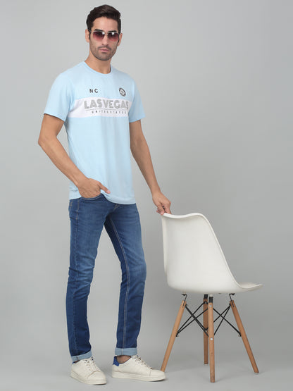 Men's Sky Blue Round neck Half Sleeve T-Shirt with cut & sew panel with Print.