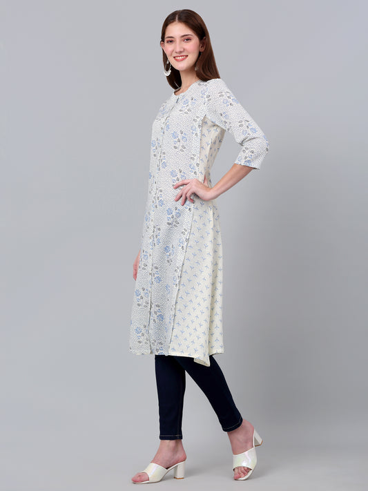 Women's White Floral Printed Three Quarter Sleeves Kurti