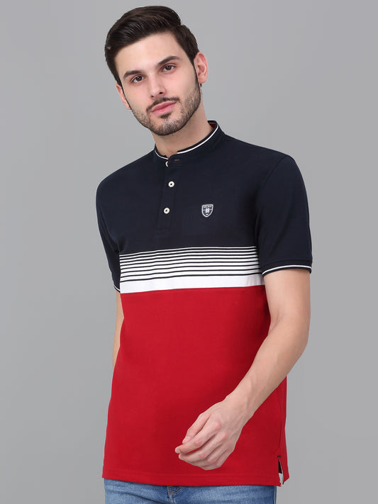 T-Shirt for Men | Breathable & Soft with Color Fastness Regular Fit Mandarin Collar Poly Cotton Fabric Striped Pattern