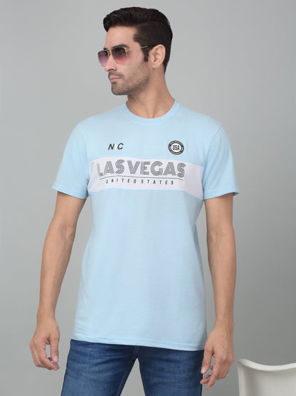 Men's Sky Blue Round neck Half Sleeve T-Shirt with cut & sew panel with Print.