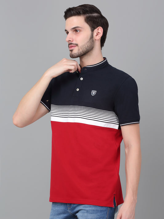 T-Shirt for Men | Breathable & Soft with Color Fastness Regular Fit Mandarin Collar Poly Cotton Fabric Striped Pattern