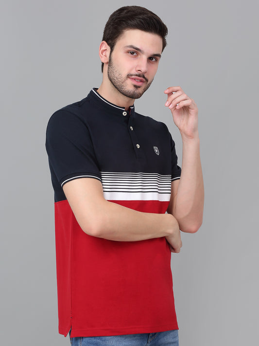 T-Shirt for Men | Breathable & Soft with Color Fastness Regular Fit Mandarin Collar Poly Cotton Fabric Striped Pattern