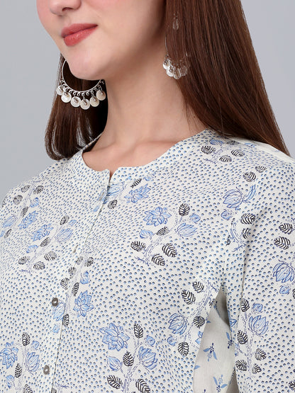 Women's White Floral Printed Three Quarter Sleeves Kurti