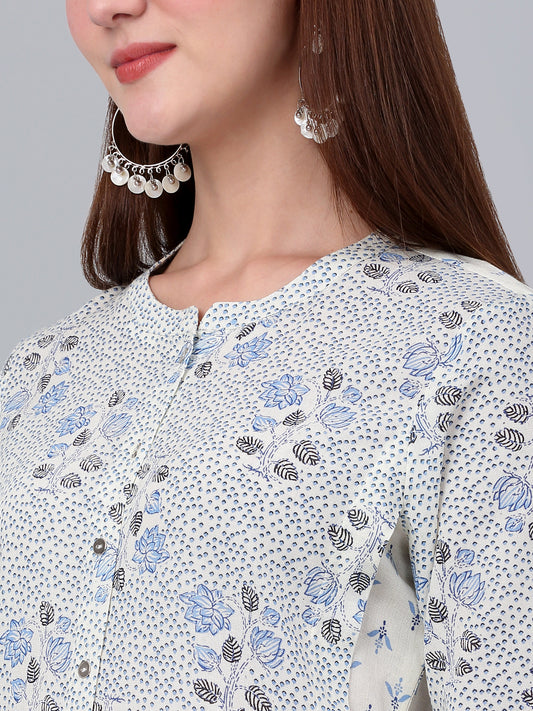 Women's White Floral Printed Three Quarter Sleeves Kurti