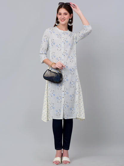 Women's White Floral Printed Three Quarter Sleeves Kurti