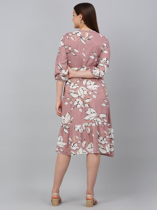 Women's Pink Printed Round Neck Casual Dress