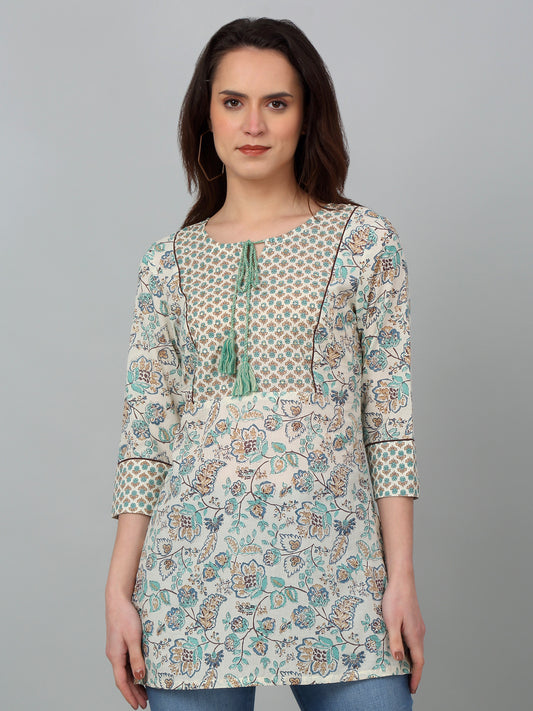 Women's  Round Neck With Tie Pp Multi Color All over Printed Short Length Kurti