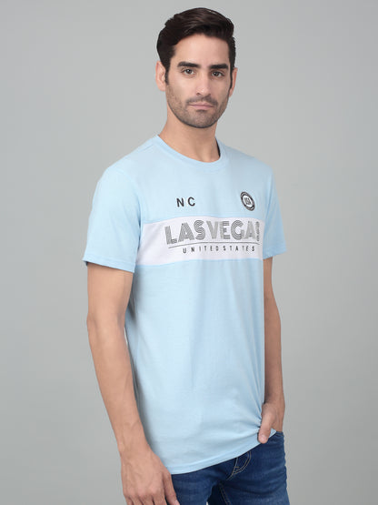 Men's Sky Blue Round neck Half Sleeve T-Shirt with cut & sew panel with Print.