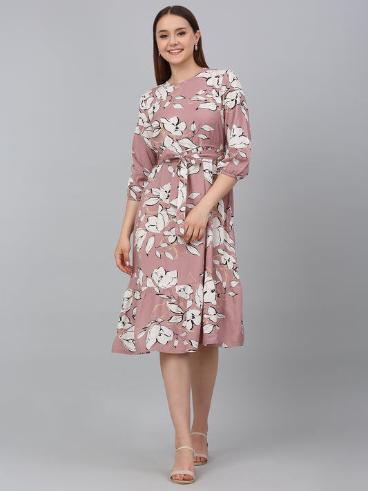 Women's Pink Printed Round Neck Casual Dress