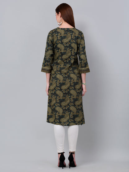 Women's Green Paisley Printed Three Quarter Sleeves Kurti