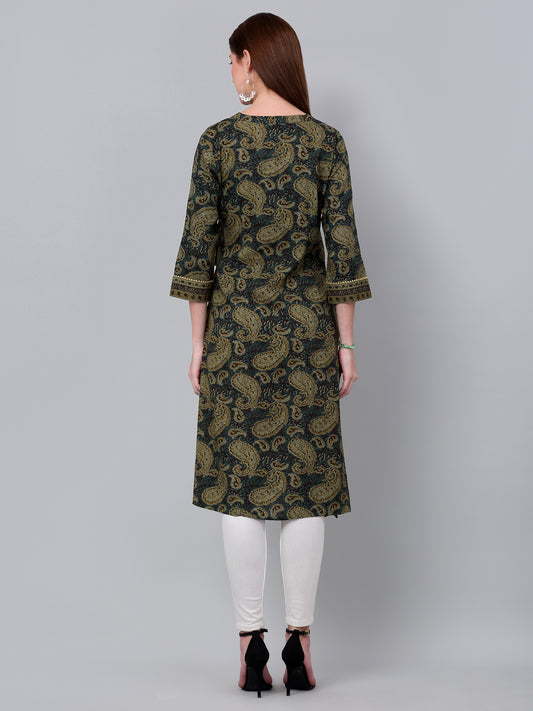 Women's Green Paisley Printed Three Quarter Sleeves Kurti