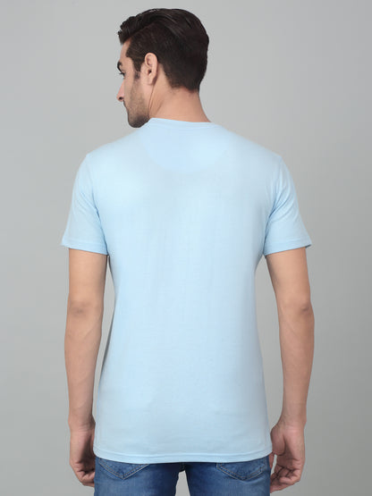 Men's Sky Blue Round neck Half Sleeve T-Shirt with cut & sew panel with Print.