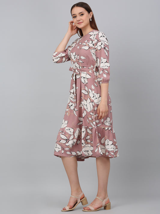Women's Pink Printed Round Neck Casual Dress