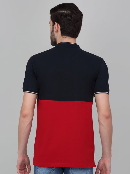 T-Shirt for Men | Breathable & Soft with Color Fastness Regular Fit Mandarin Collar Poly Cotton Fabric Striped Pattern