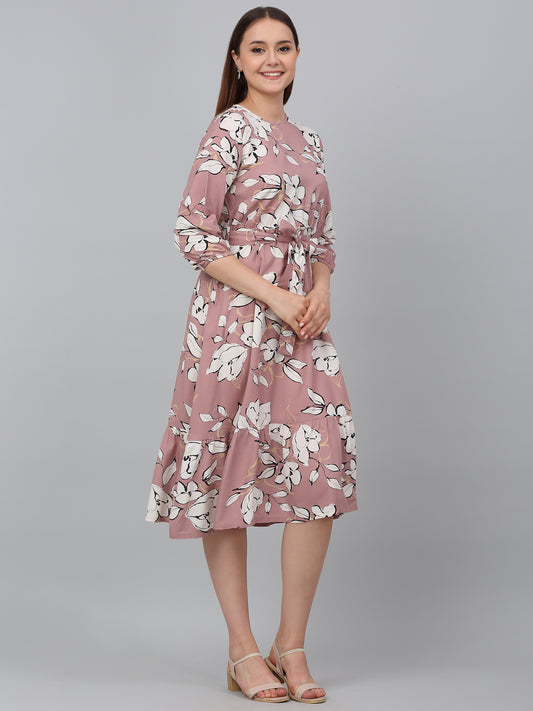 Women's Pink Printed Round Neck Casual Dress