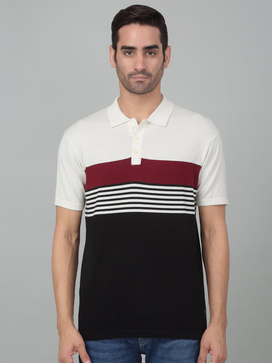 T-Shirt for Men | Breathable & Soft with Color Fastness Regular Fit Polo Neck Cotton Fabric Striped Pattern