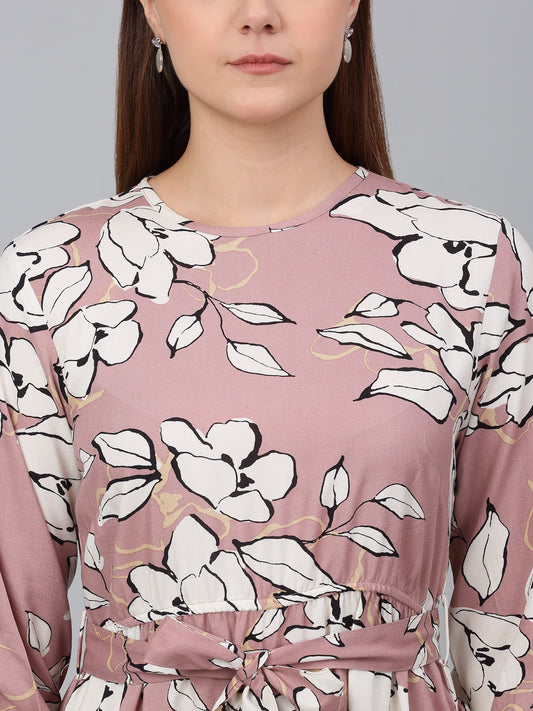 Women's Pink Printed Round Neck Casual Dress