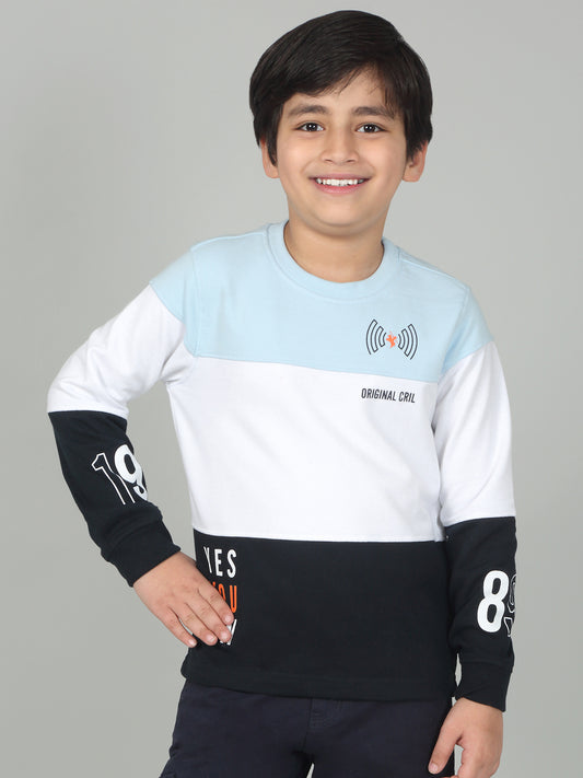 Boys Sky Blue Color Block Full Sleeves Casual T-Shirt