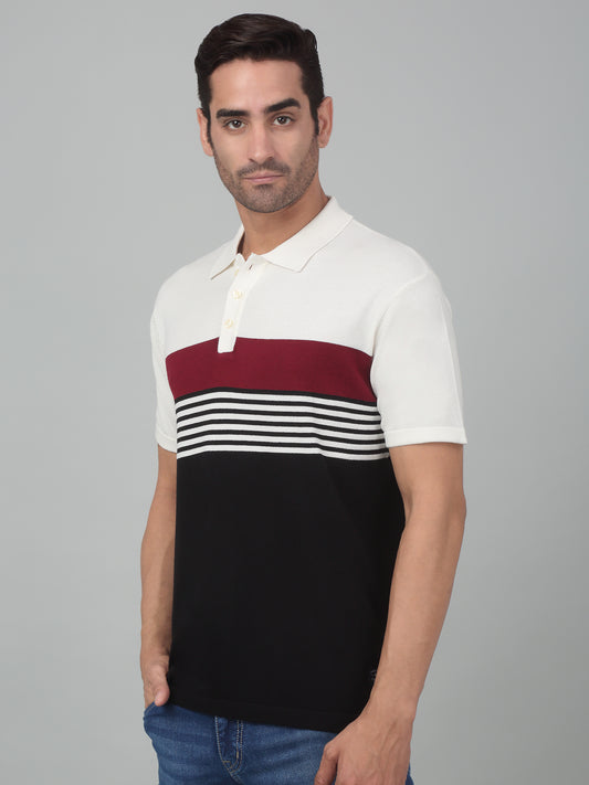 T-Shirt for Men | Breathable & Soft with Color Fastness Regular Fit Polo Neck Cotton Fabric Striped Pattern