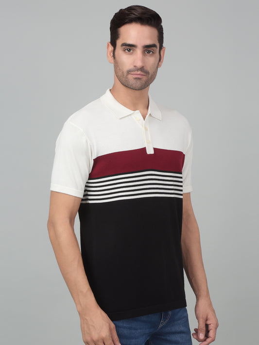 T-Shirt for Men | Breathable & Soft with Color Fastness Regular Fit Polo Neck Cotton Fabric Striped Pattern