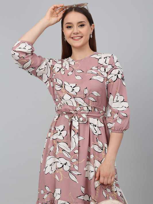 Women's Pink Printed Round Neck Casual Dress