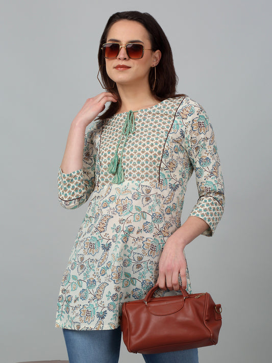 Women's  Round Neck With Tie Pp Multi Color All over Printed Short Length Kurti