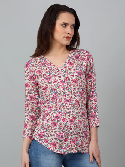 Women's Casual  Pink Floral Print V neck Top