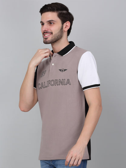 Men's Grey Printed Polo Neck T-shirt