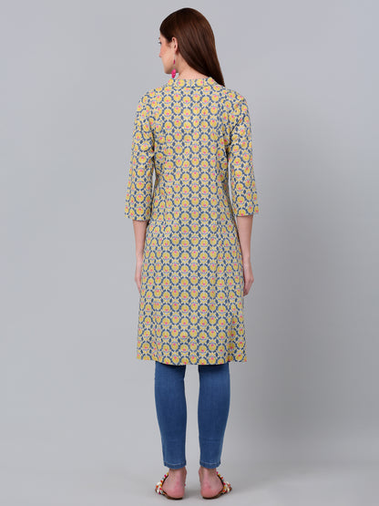 Women's Mustard Floral Printed Three Quarter Sleeves Kurti